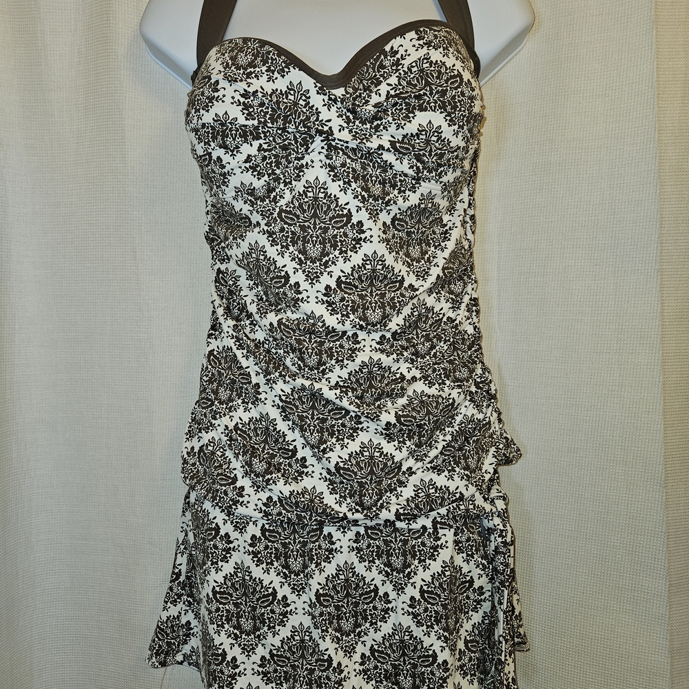 TOMMY BAHAMA Women's Halter Tie Tankini & Skirt Set M/L Brown Geometric AA8